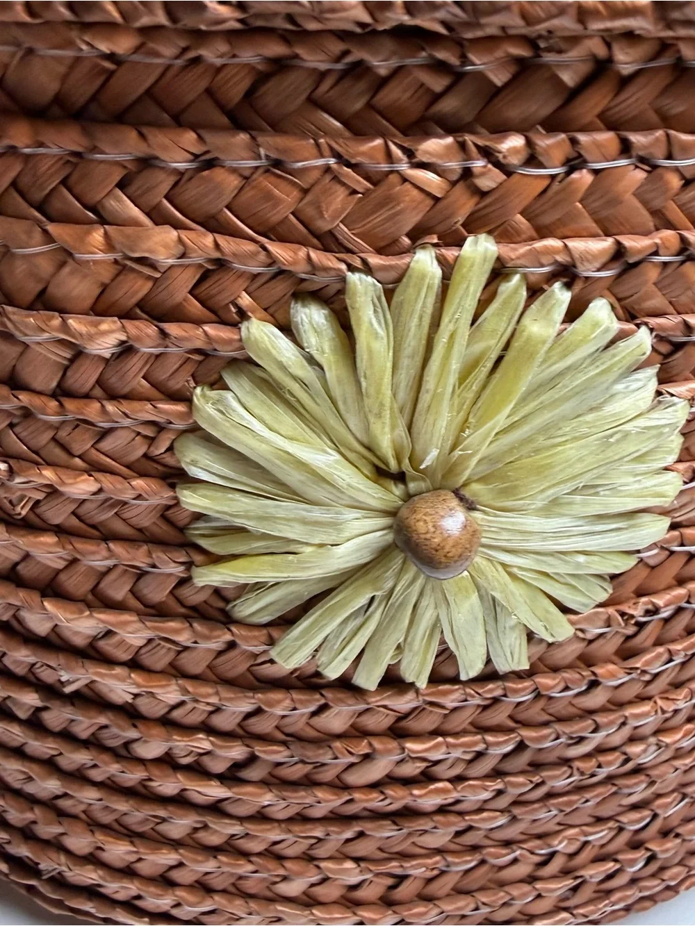 Woven Brown Storage Basket with Yellow Floral Accents